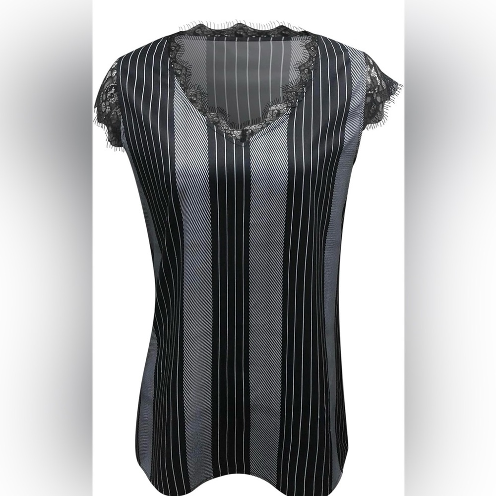 Women's Lace Basic V-Neck T-Shirts Short Sleeve Loose Fitting Tunic TankTops - S